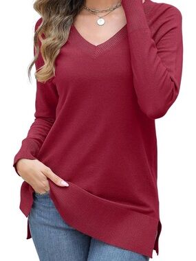 Women's V-Neck Long Sleeve Sweater - Burgundy